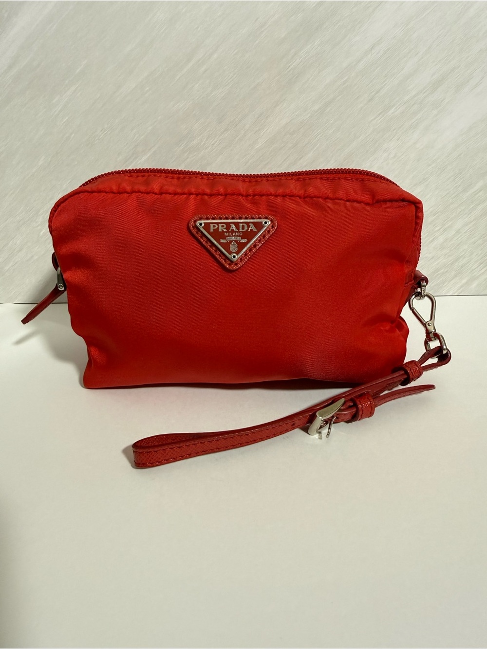 PRADA Rosso Red Tessuto Nylon Cosmetic Pouch Wristlet